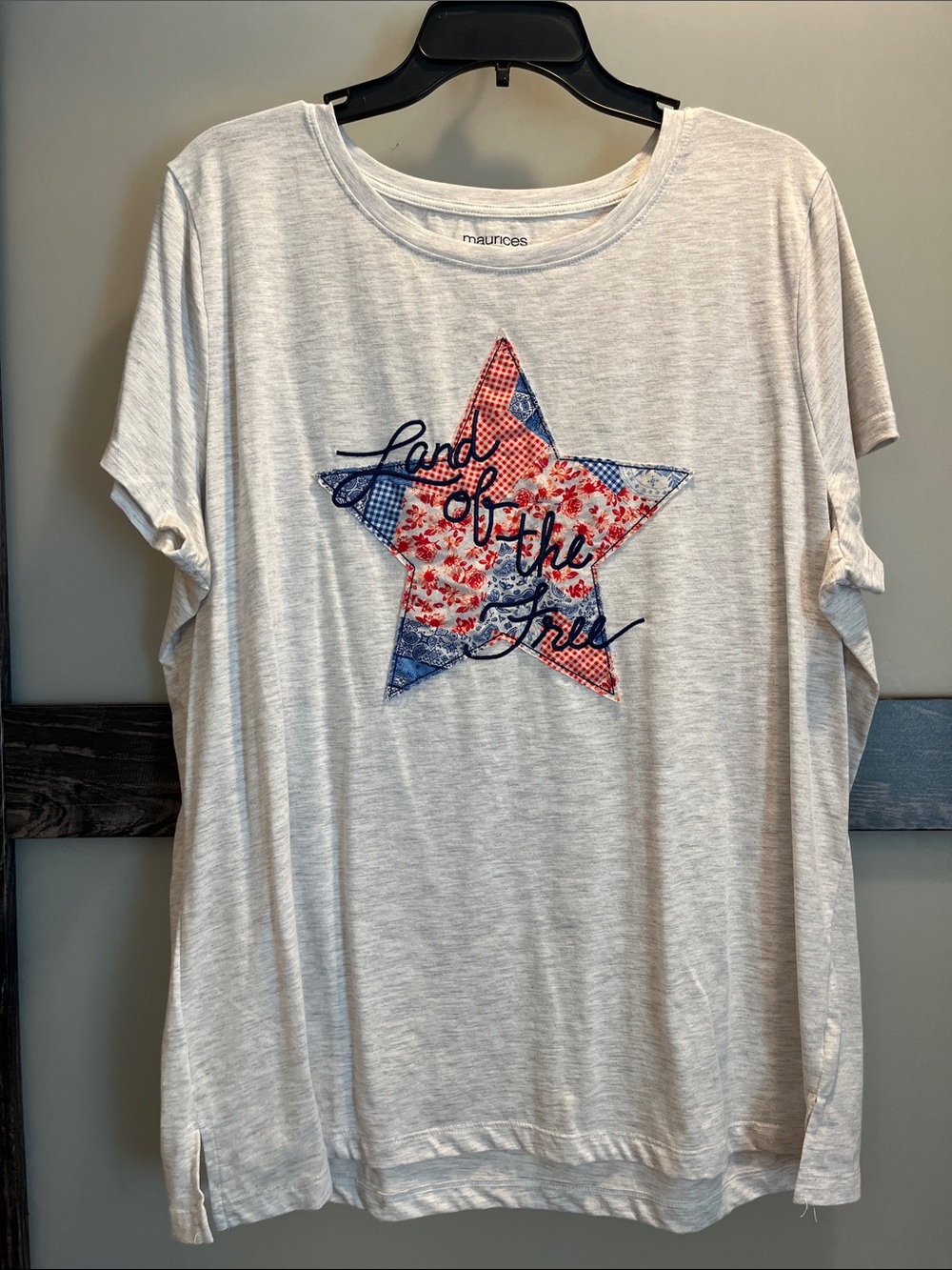 Maurices Cream Short Sleeve Tee with Red and Blue Star Patchwork